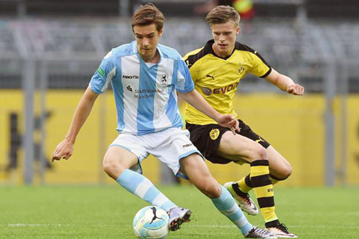 Florian Neuhaus schoss nach dem Ballgewinn gegen BVB-Kapitän Dzenis Burnic den 2:1-Siegtreffer im Signal Iduna Park. Foto: tsv1860.de