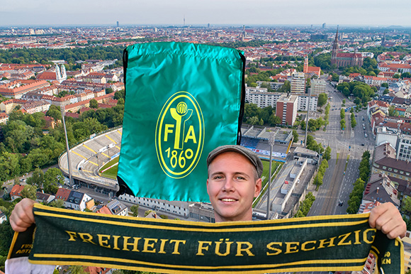Die Fußball-Abteilung verkauft u.a. die neuen, kultigen Turnbeutel vor dem Spiel gegen die SpVgg Ansbach. Foto: KI-Montage